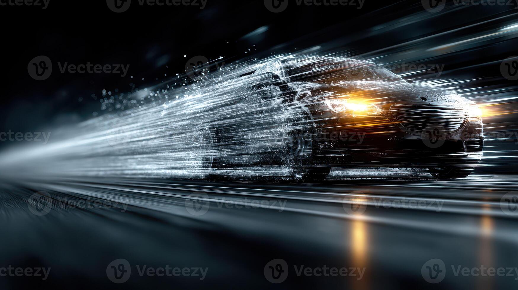 Speeding vehicle illuminated by motion blur in a dark urban environment during nighttime photo