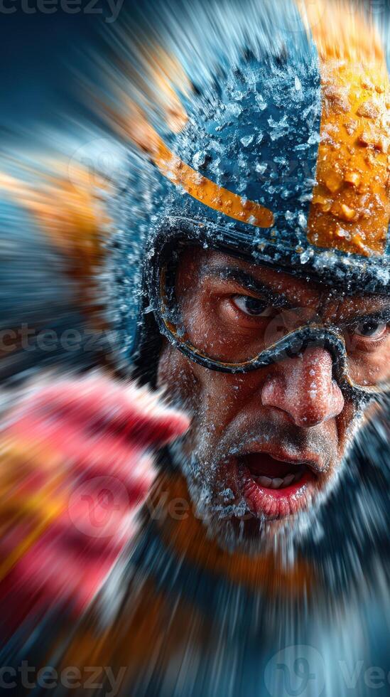 Ice climber faces extreme conditions while ascending a frozen mountain during a winter expedition photo