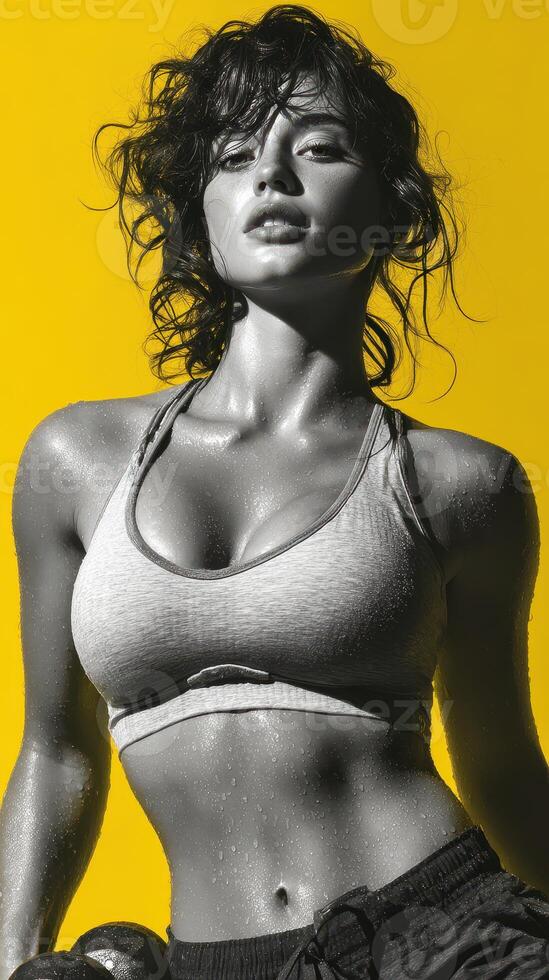 Fitness model poses dramatically under bright yellow backdrop while glistening with water droplets after intense workout session photo