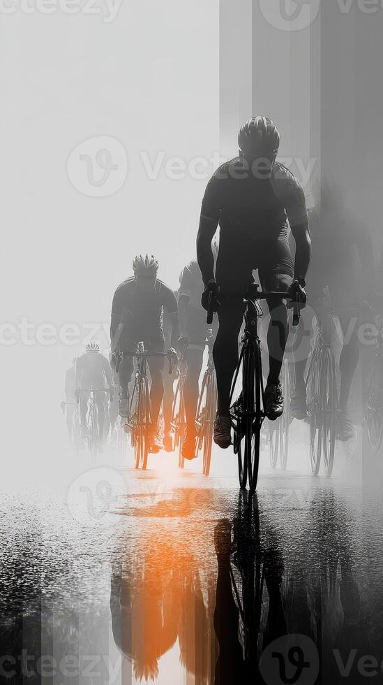 Cyclists racing through misty streets during early morning hours with reflections on wet pavement photo