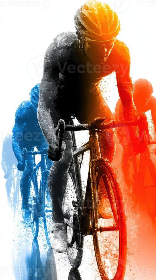 Competitive cyclists racing with dynamic motion and vibrant colors against a white background in a futuristic style photo