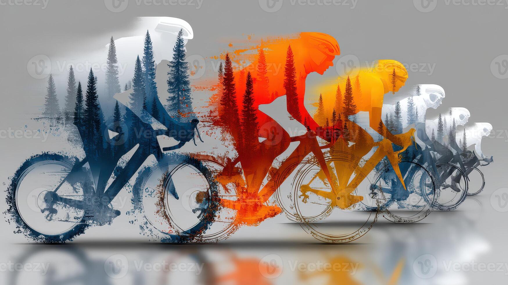 Cyclists in motion with vibrant colors and artistic effects against a gradient background photo