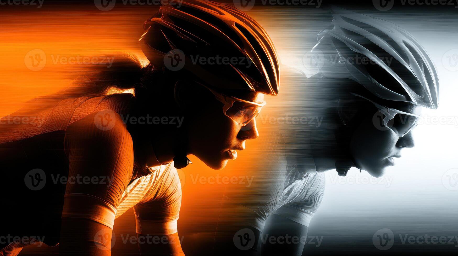 Cyclist in motion showcasing determination and speed during a high-energy race at dusk near a vibrant urban backdrop photo