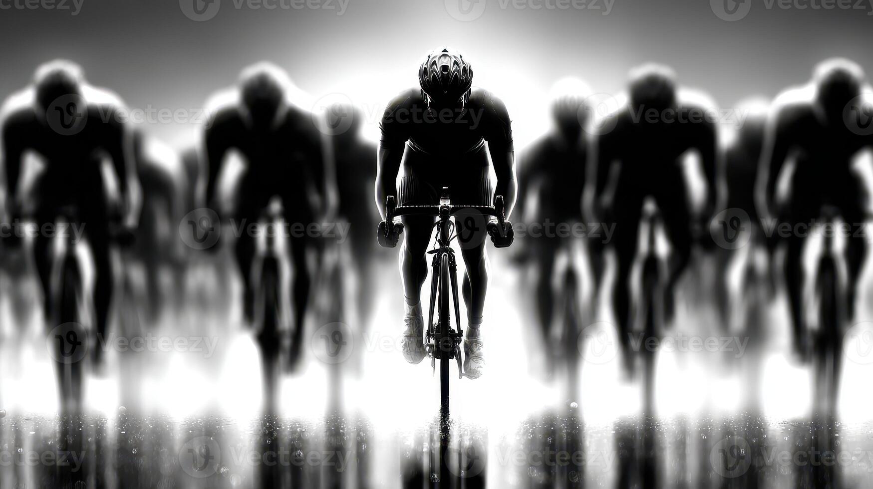 Cyclists competing in a dynamic race under bright lights on a slick surface in a dramatic black and white setting photo