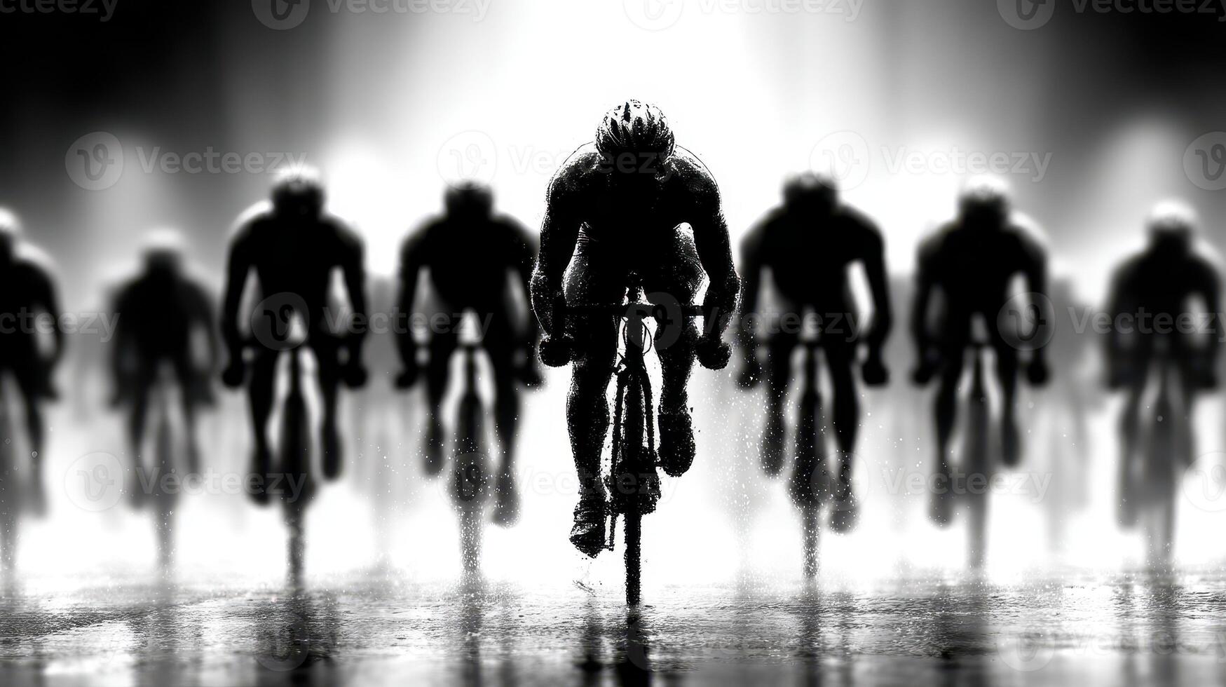 Cyclists race through a rainy course creating a dramatic contrast in black and white at dusk photo