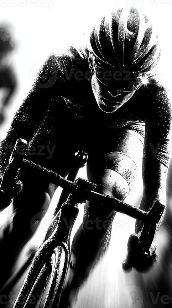 Competitive cyclist racing in heavy rain during an intense cycling event on a challenging course in early morning light photo