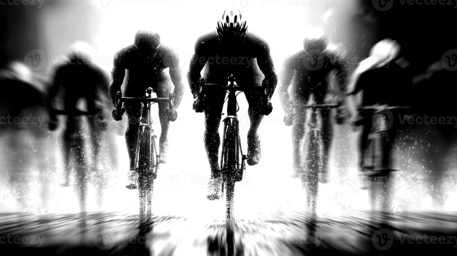 Competitive cyclists racing through heavy rain during an intense event in an urban setting at twilight photo