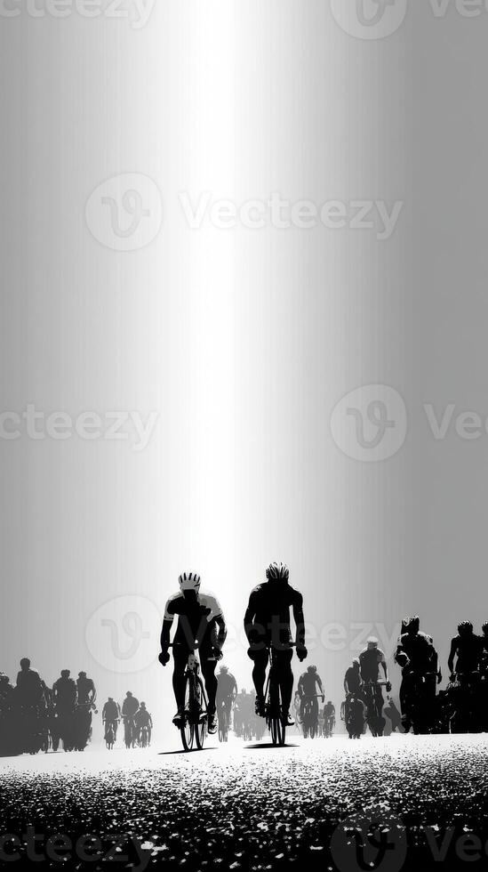 Cyclists ride through a bright path during a competitive race at dawn on a challenging terrain photo