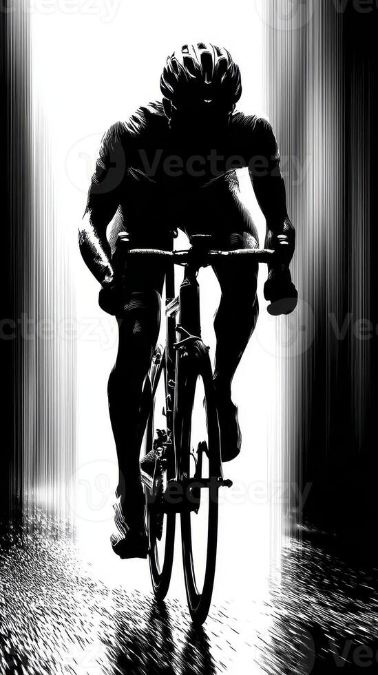 Cyclist racing through a narrow alley illuminated by stark light in an urban setting at dusk photo