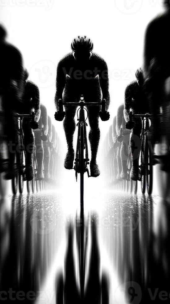 Cyclists in silhouette racing through a misty backdrop at dawn, creating a dramatic and intense atmosphere photo