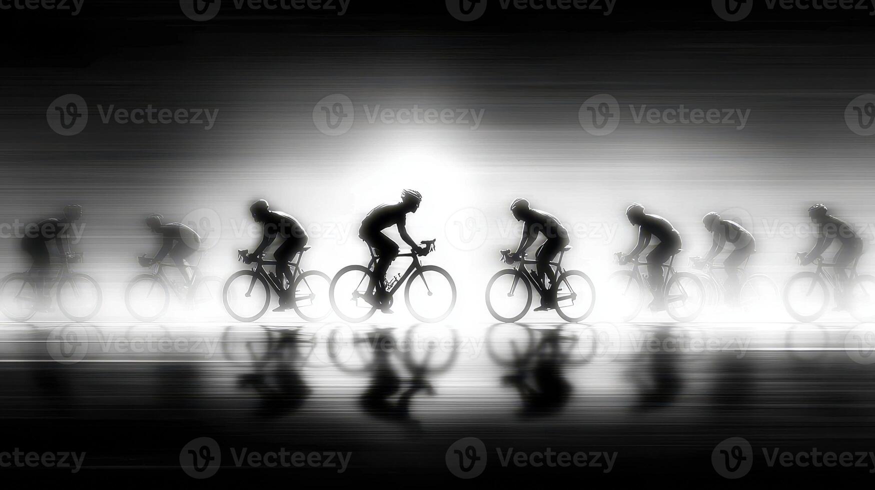 Cyclists racing through foggy conditions during a competitive event at sunset near the coast photo