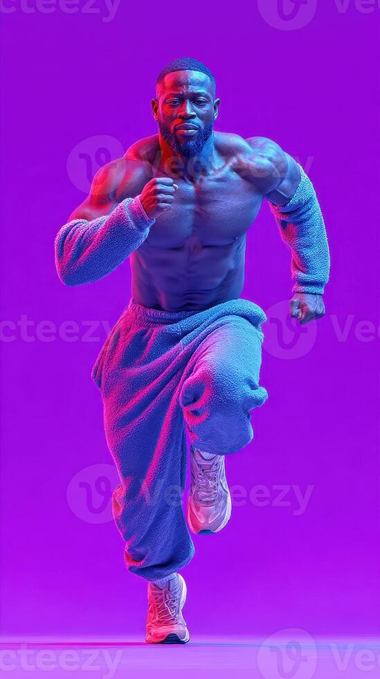 Athlete sprinting with determination against a vibrant purple background showcasing strength and focus in a dynamic workout session photo