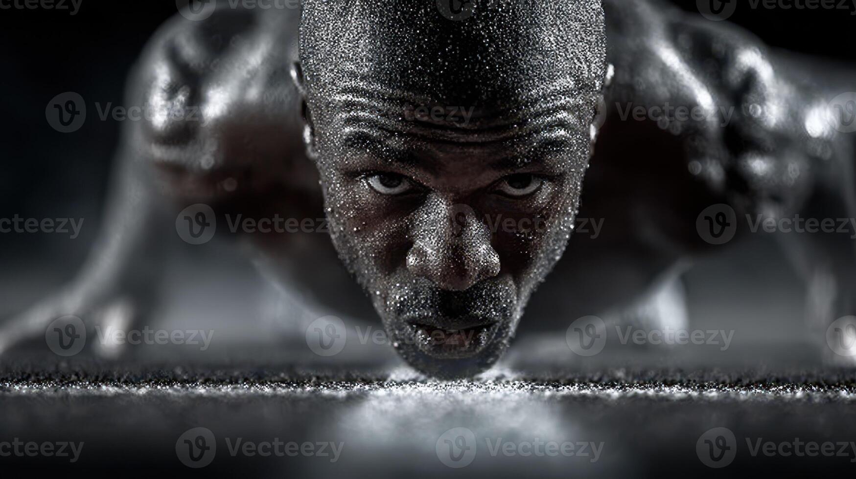 Person performing intense push-up workout indoors, showcasing determination and focus while sweating photo