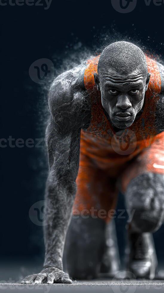 Athlete preparing for a sprint on the track in a dynamic pose showcasing determination and focus during early morning practice photo