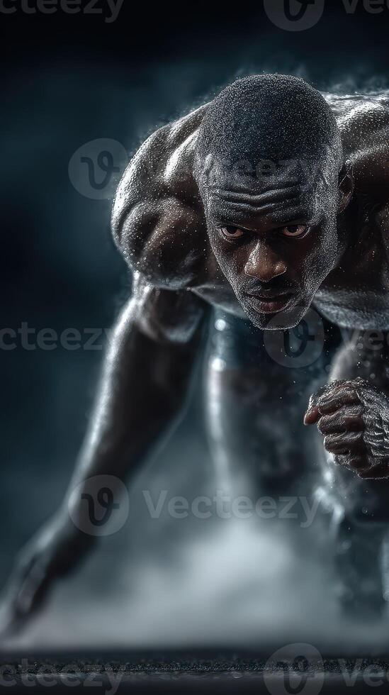 Athlete sprinting with determination in a dramatic, misty environment during a competitive training session photo