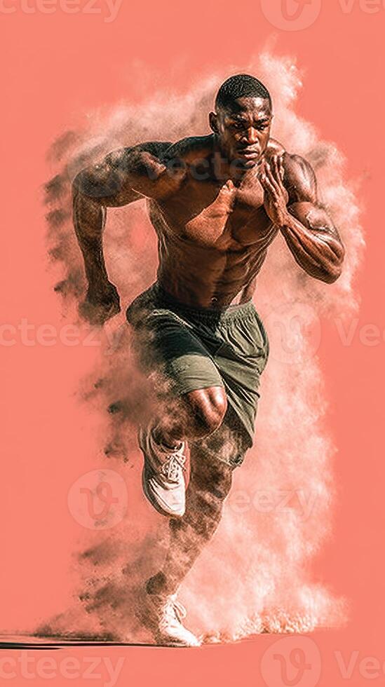 Dynamic runner in motion creating dust cloud on minimalistic background during daytime workout session photo