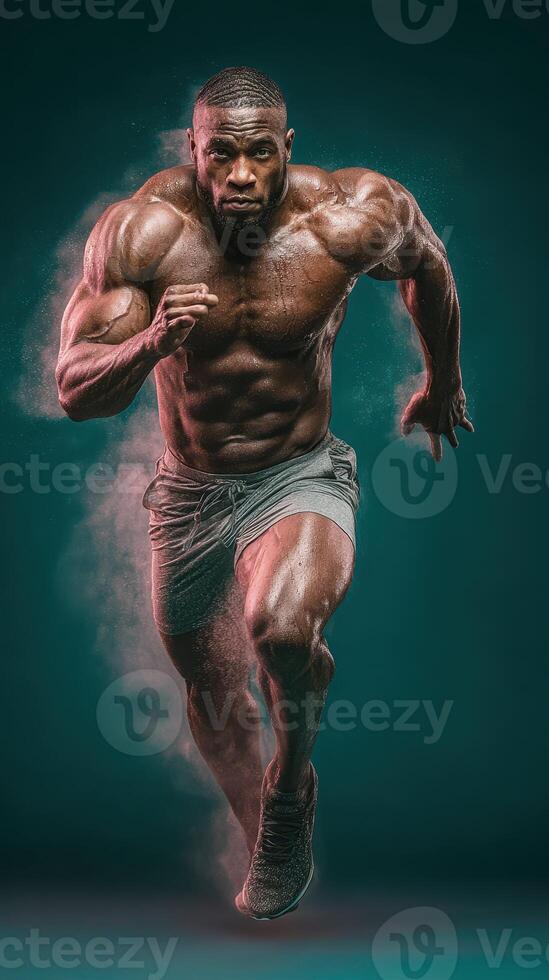 Muscular athlete sprinting in a dynamic pose with dramatic lighting and dust effect photo