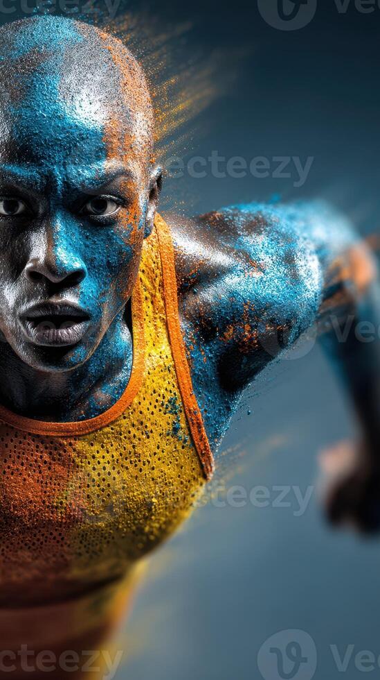 Runner in vibrant blue and orange body paint sprinting towards the camera in a dynamic and high-energy display of athleticism photo