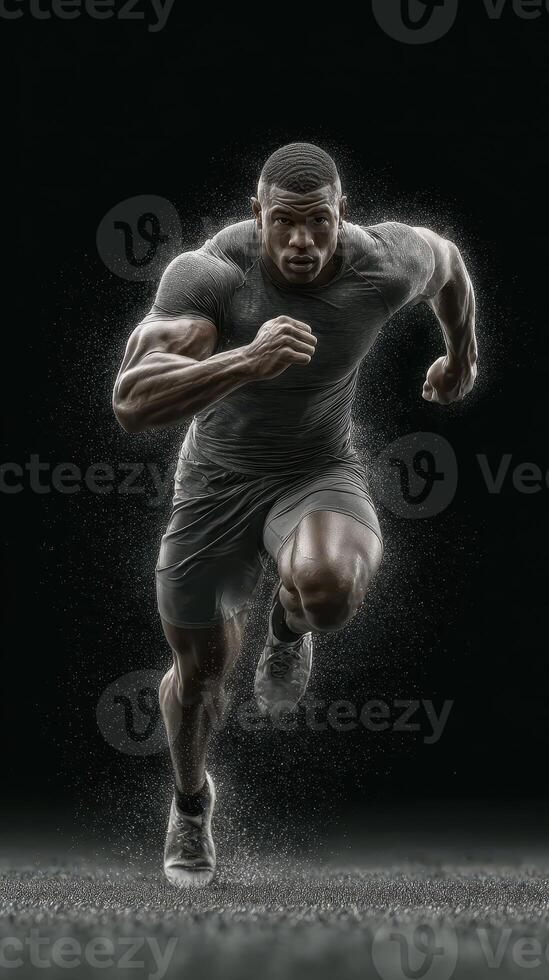 Sprinting athlete showcasing speed and power against a dark backdrop at a training session photo