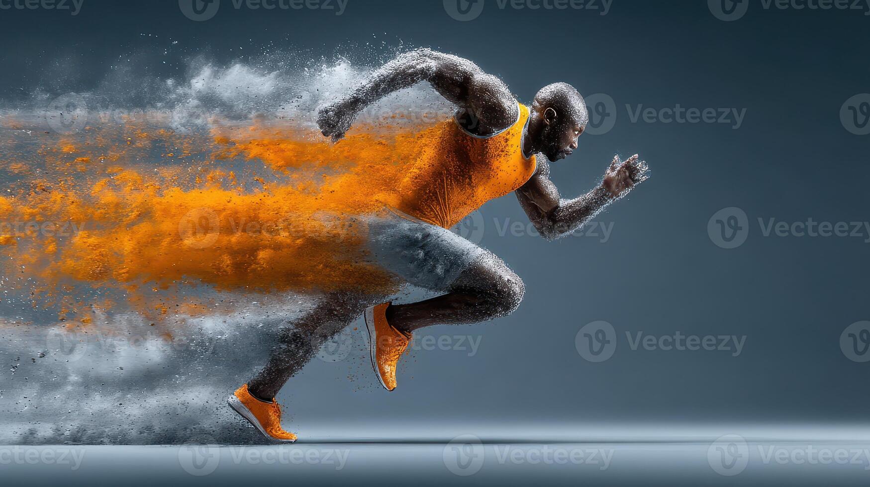 Dynamic runner in orange attire bursts through clouds of dust showcasing speed and power in a modern artistic representation photo