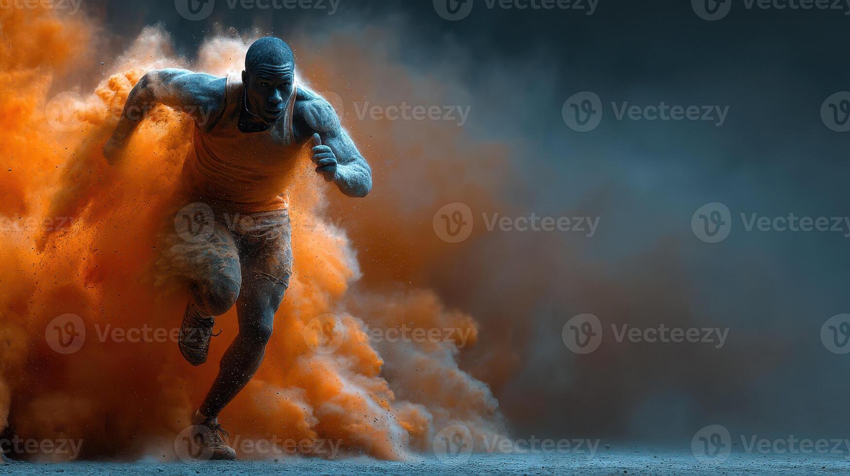 Dynamic runner bursts through orange smoke in an energetic competition environment during late afternoon photo