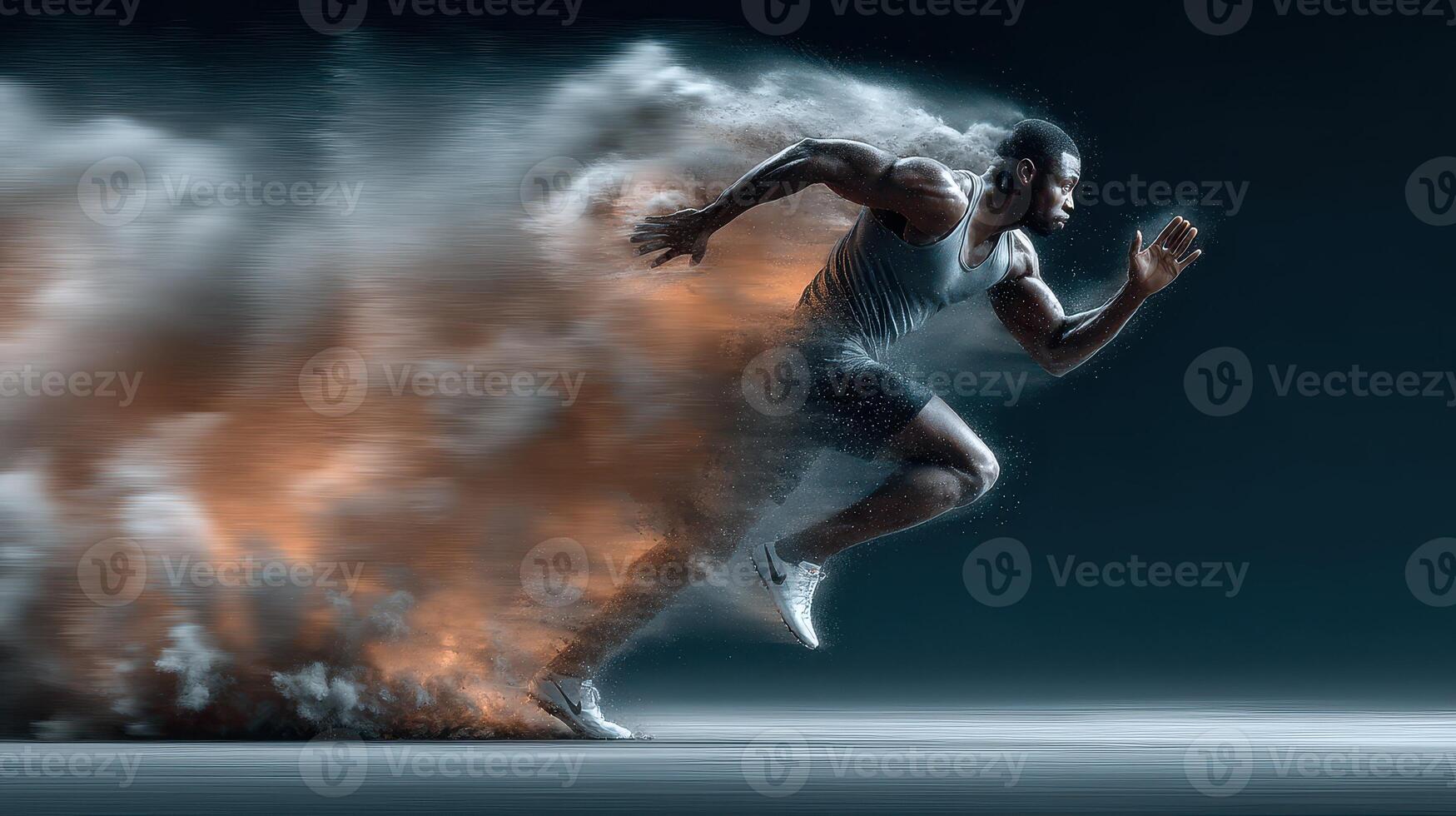 Athlete sprinting on track with dynamic dust swirl in an intense running action photo