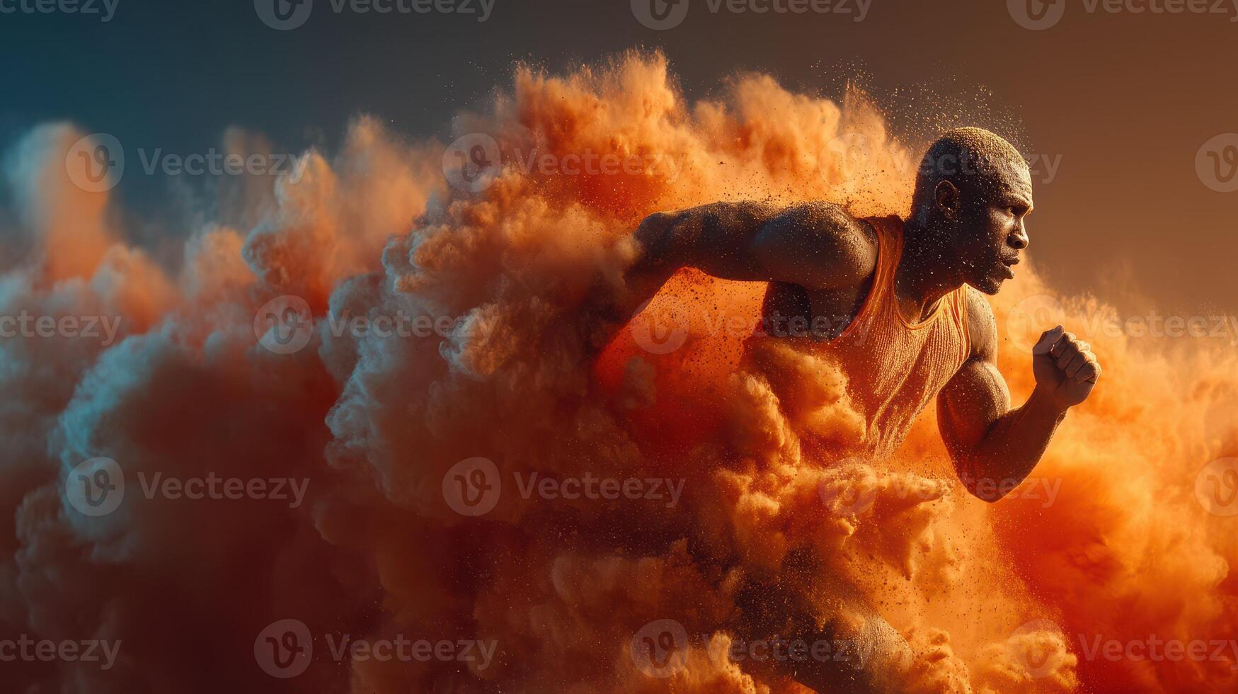 Runner bursts through a cloud of orange dust during a dynamic sprint in a dramatic setting at sunset photo