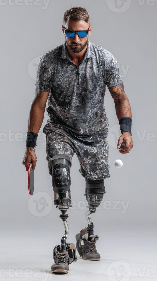 Competitive athlete with prosthetic legs playing table tennis indoors during a training session photo