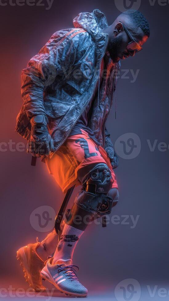 Athlete performing dynamic movement in urban setting with futuristic gear at night photo
