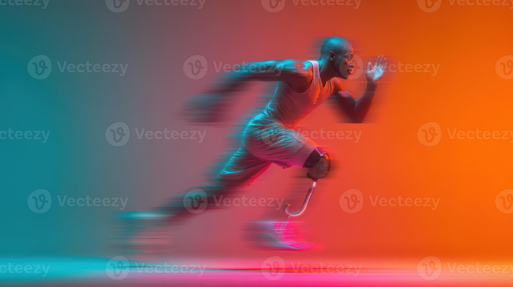 Athlete with a prosthetic leg sprinting on a vibrant gradient background during a dynamic sports session photo