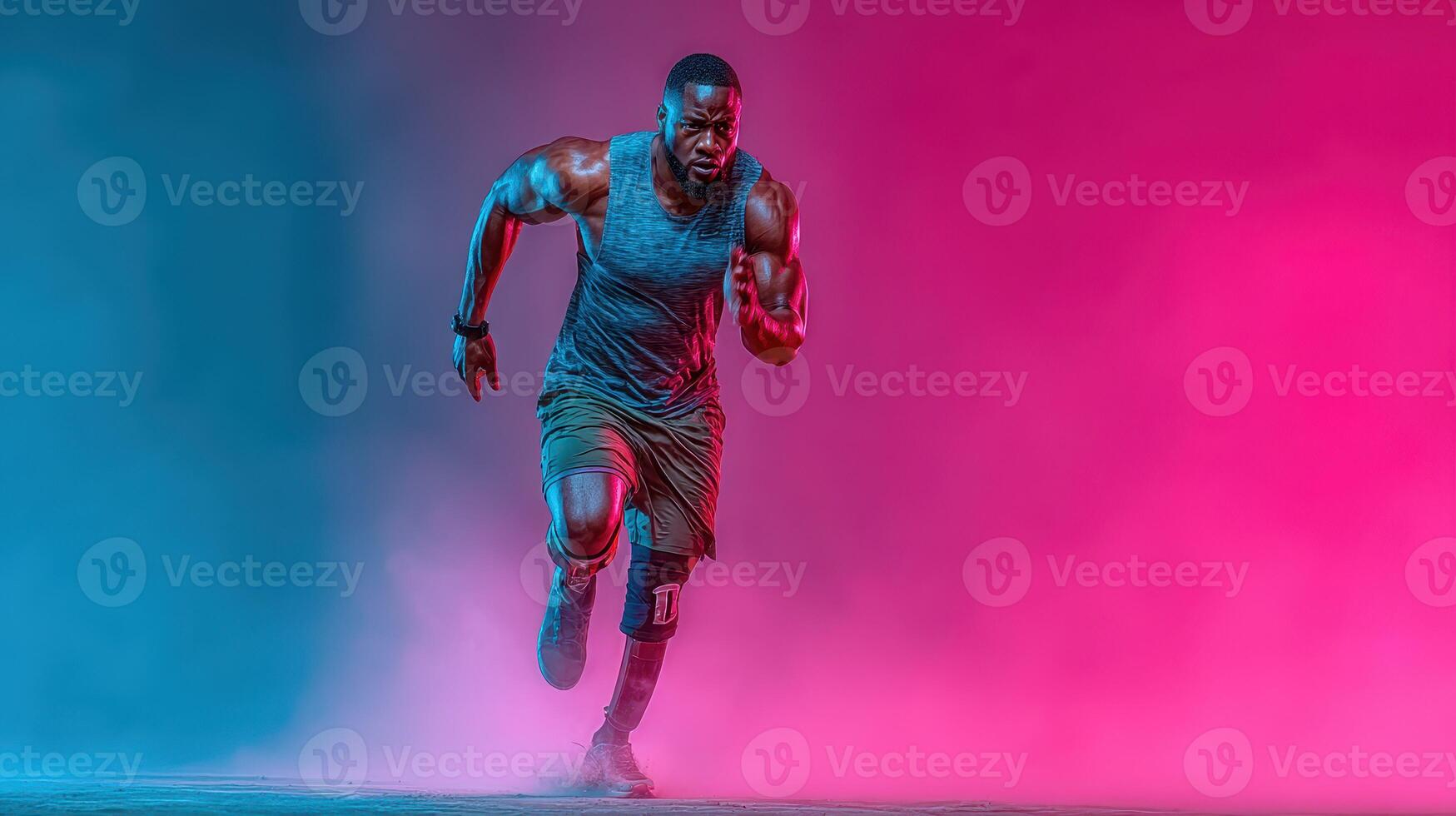 Muscular athlete running vigorously in a dynamic environment with colorful lighting effects photo