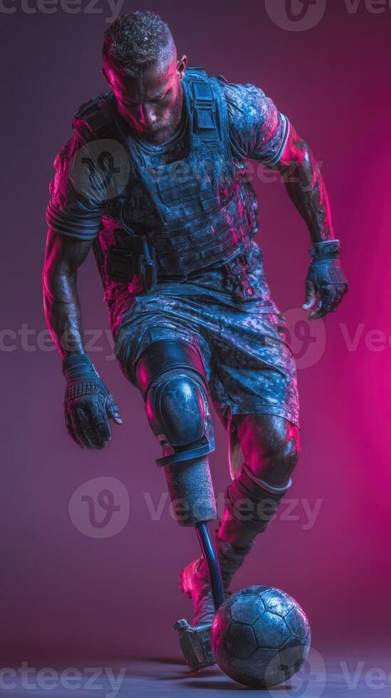 Soldier with prosthetic leg skillfully dribbling soccer ball during a dynamic portrait session in a neon-lit studio photo