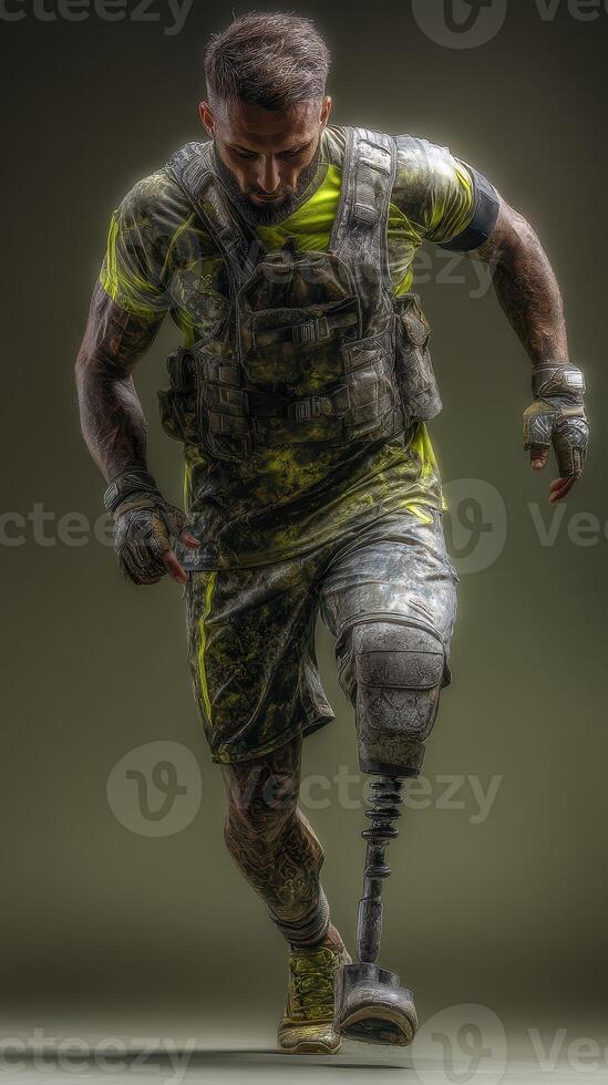 Inspiring athlete with prosthetic limb sprinting during training session in urban setting photo