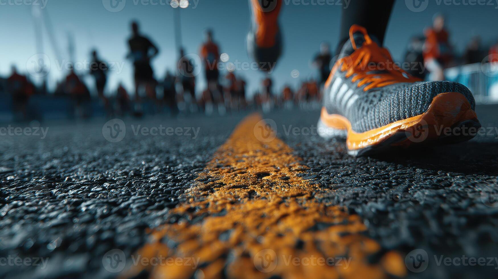 Runners sprinting down a vibrant road during a competitive race event in the early morning photo