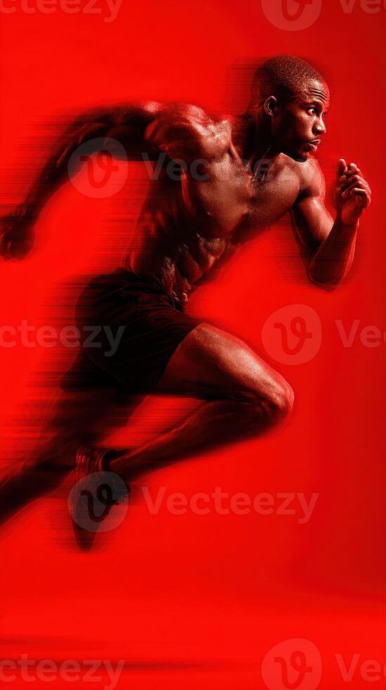 Dynamic sprint of an athletic man in a powerful running pose against a bold red background photo