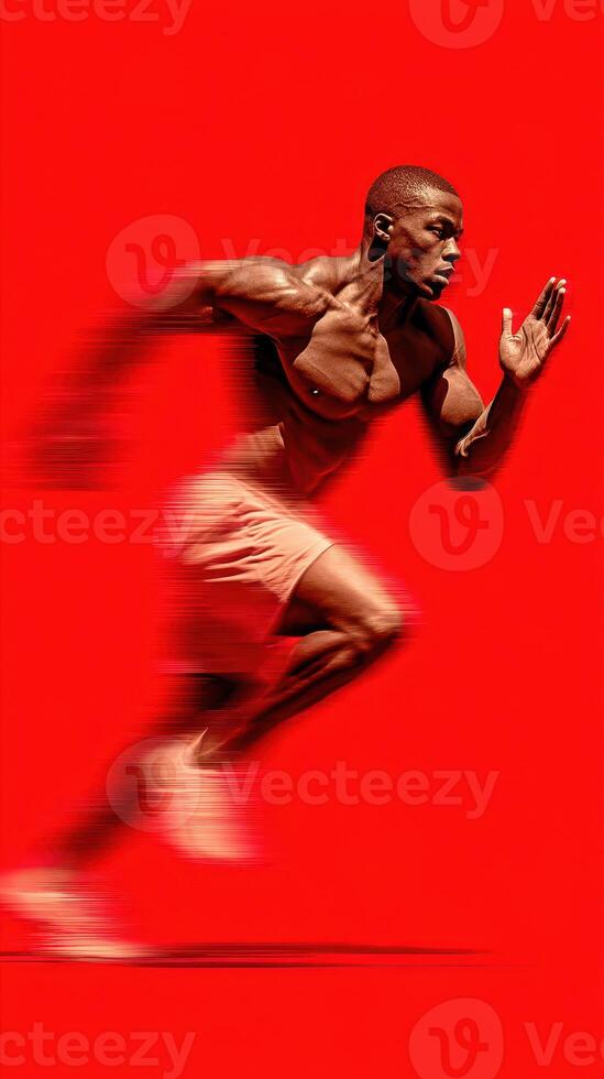 Dynamic sprinting athlete in motion against vibrant red background during a training session photo