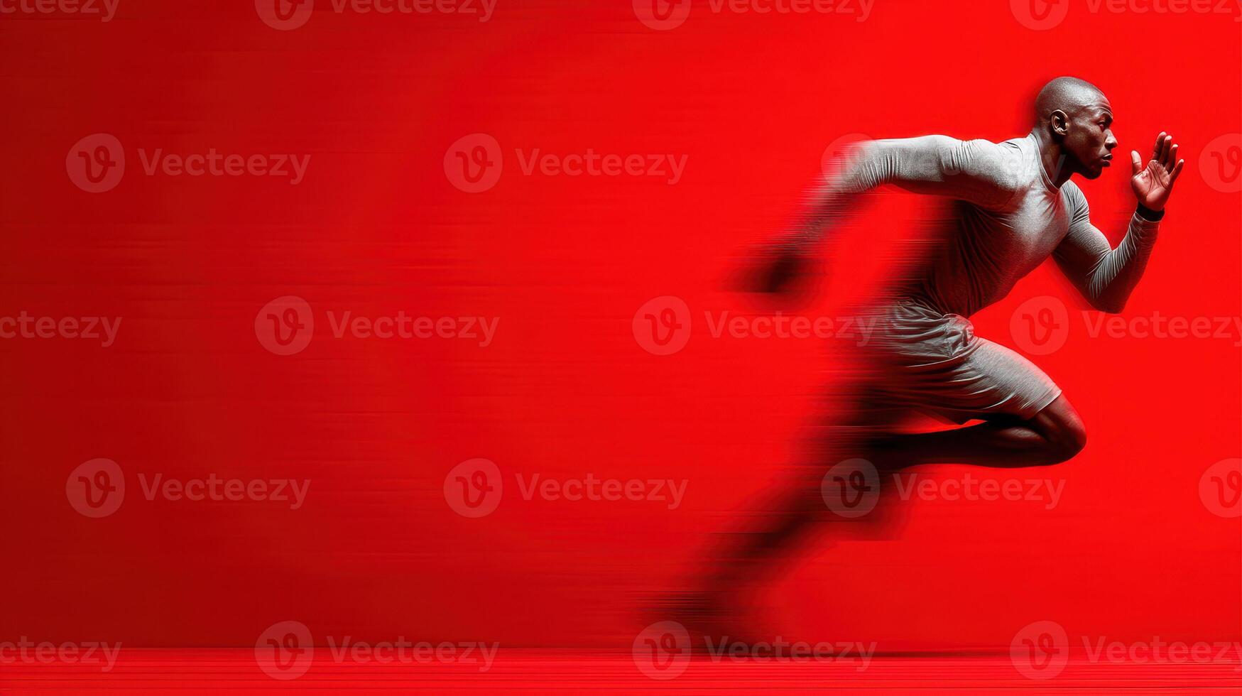 Male athlete sprinting with intensity against a vibrant red background in a dynamic motion capture photo