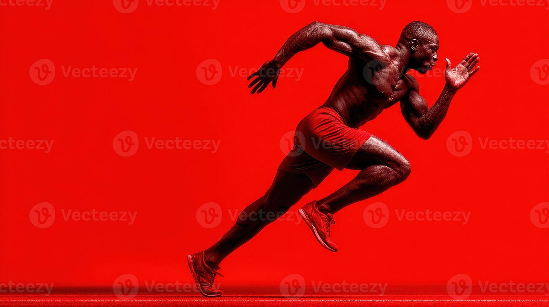 Dynamic male athlete sprinting against a striking red background showcasing strength and speed during a training session photo