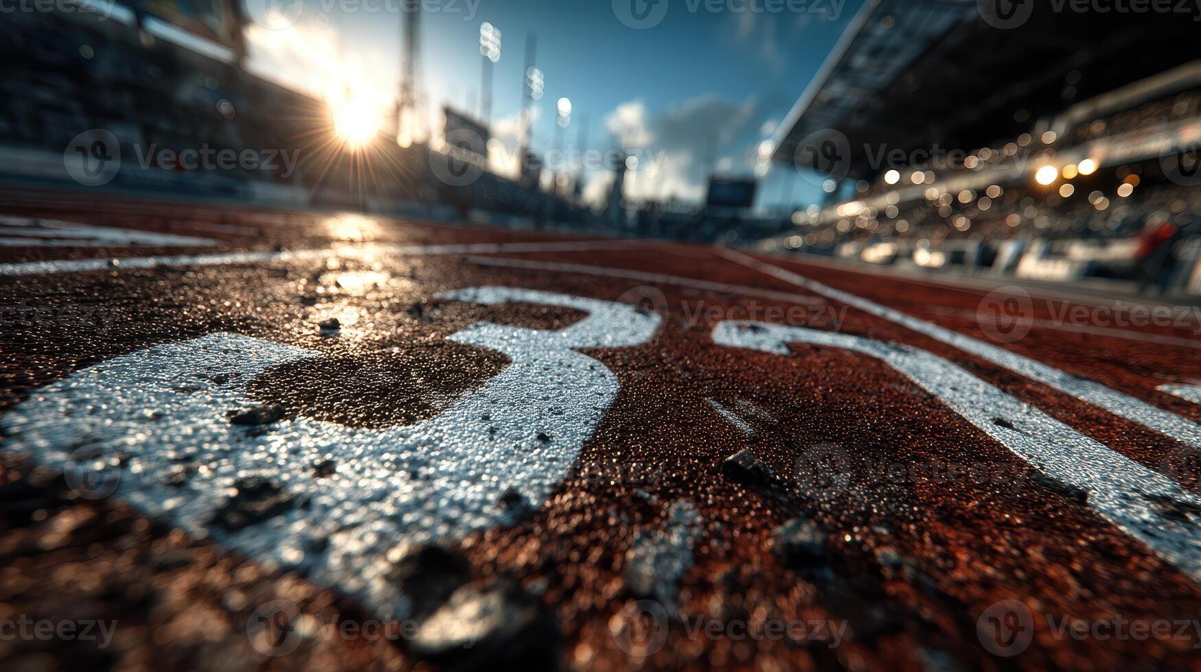 Track markings illuminated by sunset with stadium atmosphere and spectators enjoying the event photo