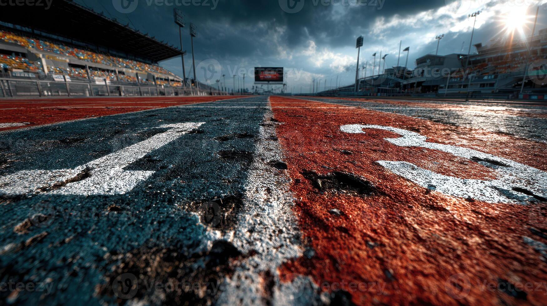 Race track with numbered lanes under stormy skies at dusk photo