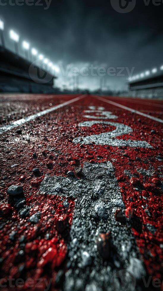 Brightly lit running track at dusk with water droplets highlighting the texture of the surface photo