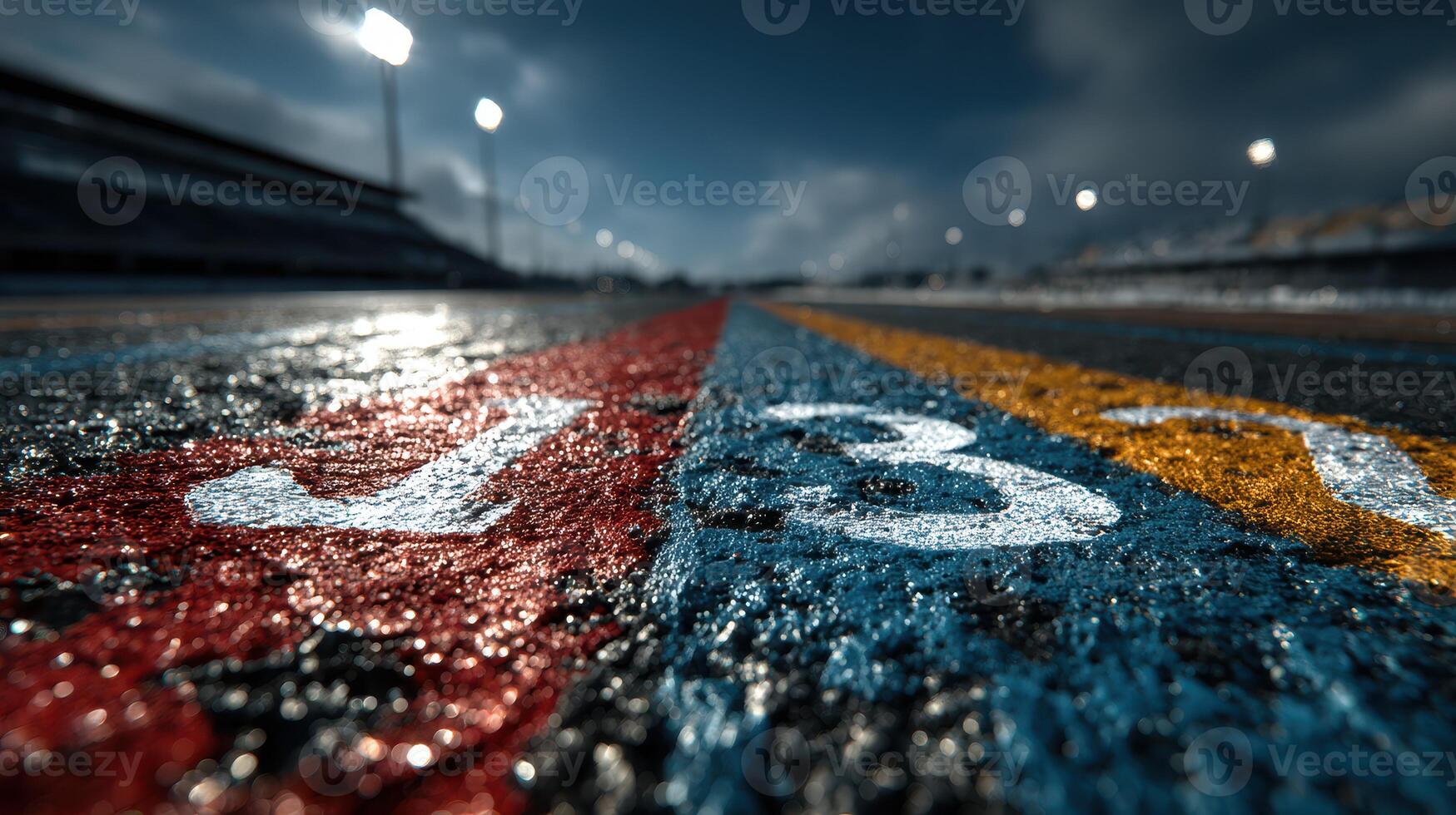 Wet racetrack with colorful lane markings under stadium lights during an evening motorsport event photo