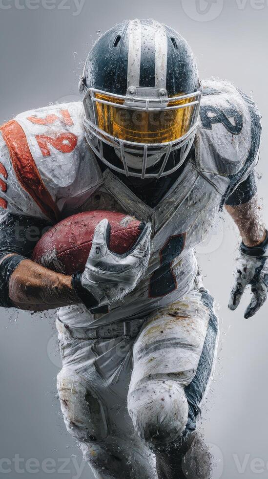 Football player in action running with ball on a rainy day in a rugged environment photo