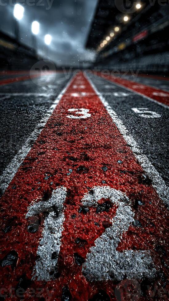 Track lane marked with number twelve glistens after rain at dusk, highlighting preparations for an upcoming race event photo