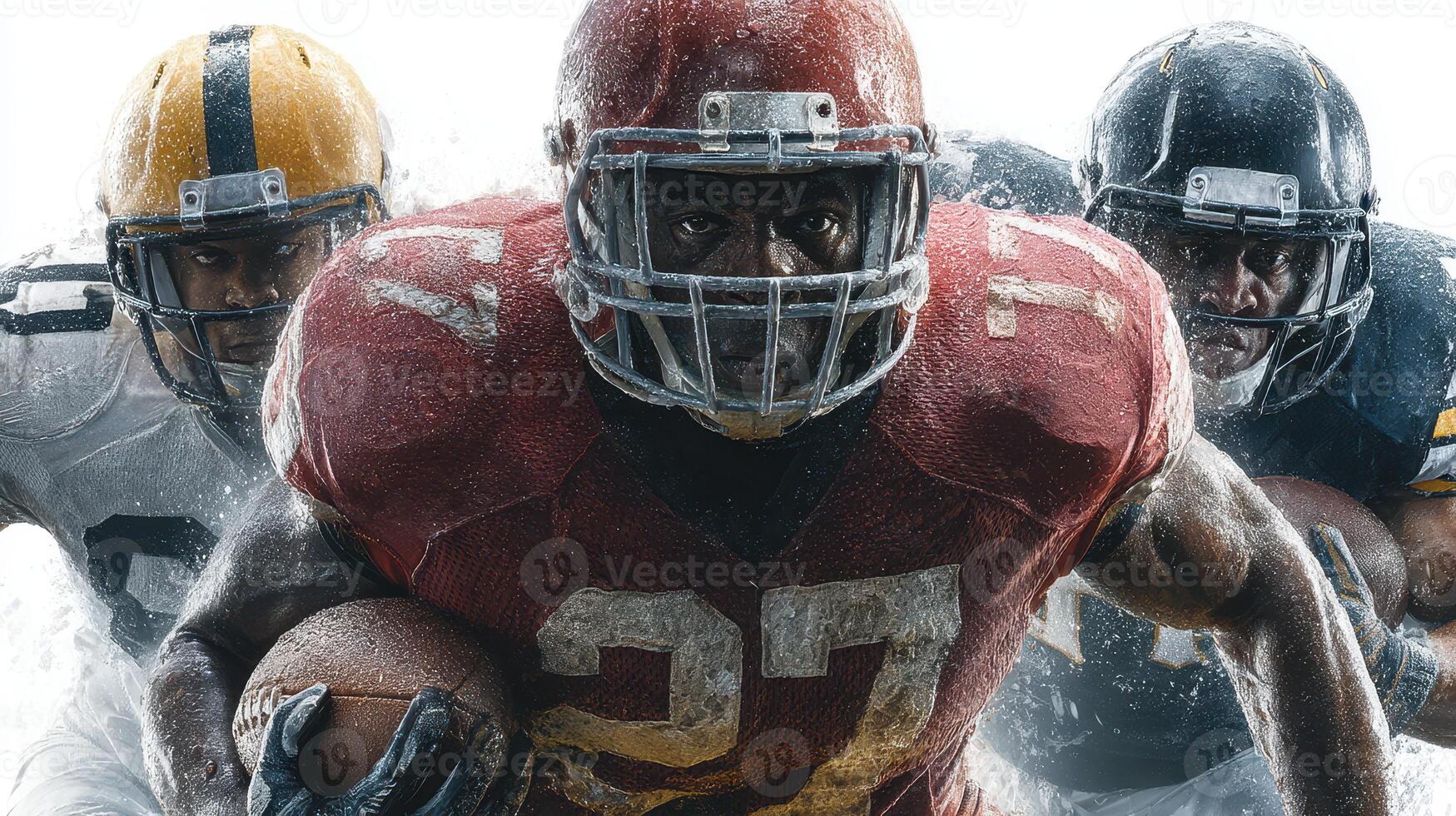 Football players in action during a dynamic play on a rain-soaked field during an intense match photo