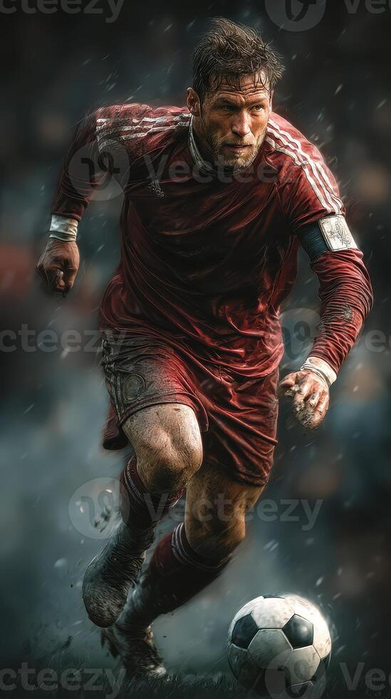 Soccer player dribbles the ball through rain during an intense match on the field photo