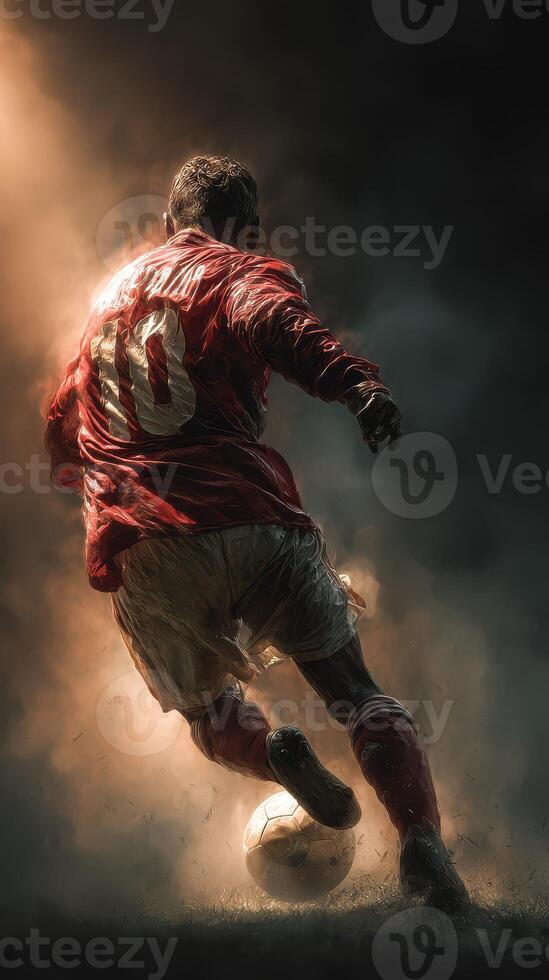 Dynamic soccer player dribbling the ball amidst dramatic lighting during an intense match photo