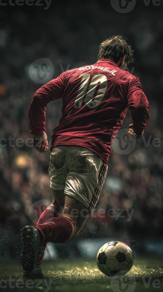 Soccer player in red jersey sprinting towards the goal during an intense match in a packed stadium photo