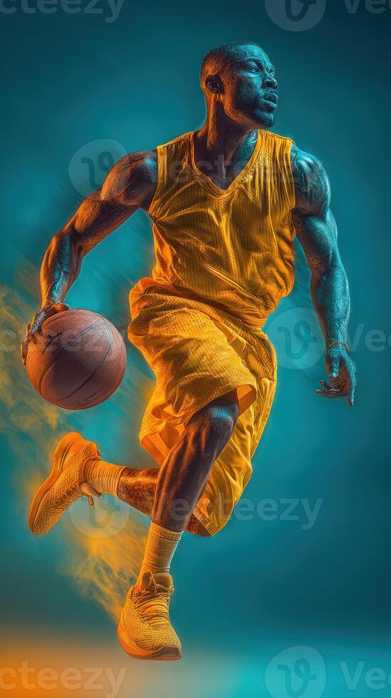 Dynamic basketball player in motion during a game with vibrant colors and dramatic lighting effects in a gym setting photo