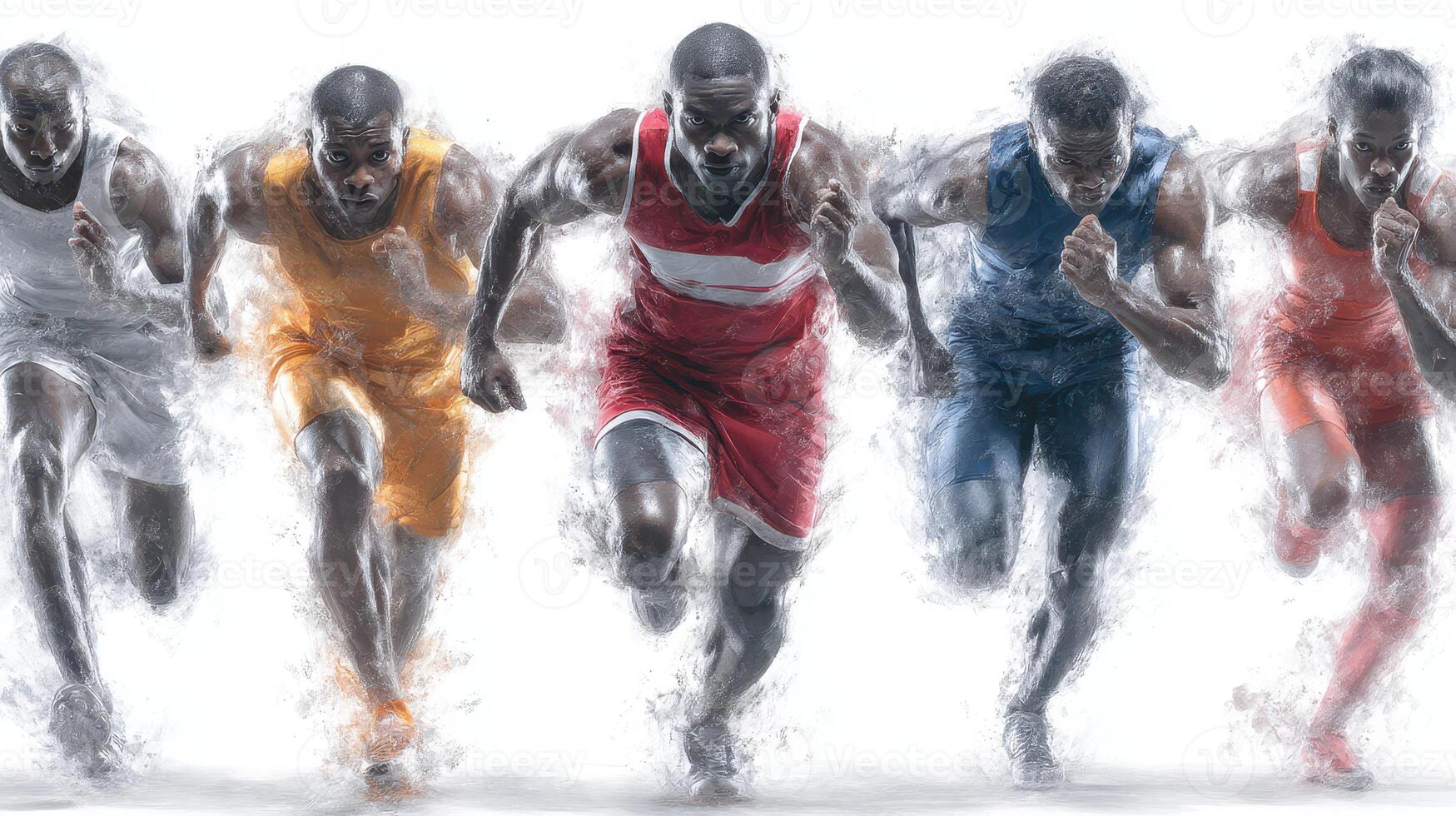 Runners in vibrant uniforms compete vigorously on a track during a dynamic sporting event photo